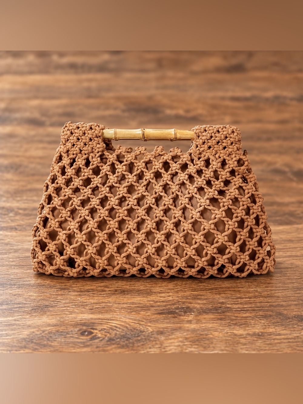 Brand New Tan Macrame Woven Bag with Bamboo Handle